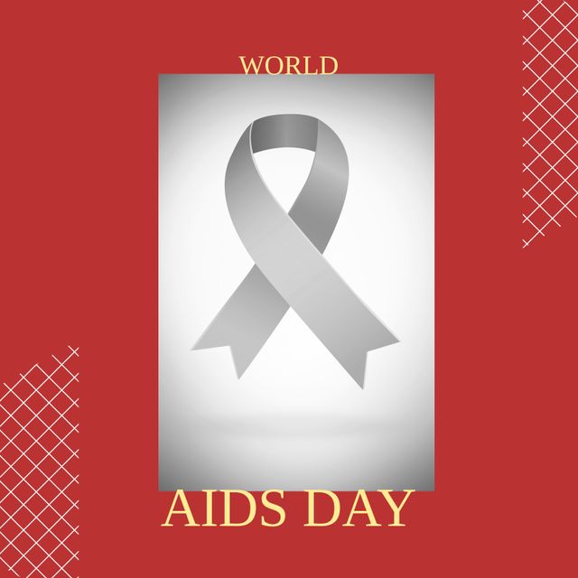 Awareness poster highlighting World AIDS Day with symbolic gray ribbon against red background. Ideal for organizations, healthcare campaigns, social media posts, and educational purposes.
