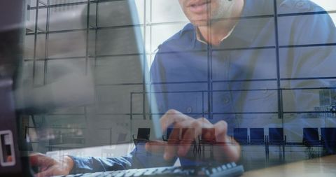 Businessman typing laptop in airport lounge with glass atrium, remote work double exposure
