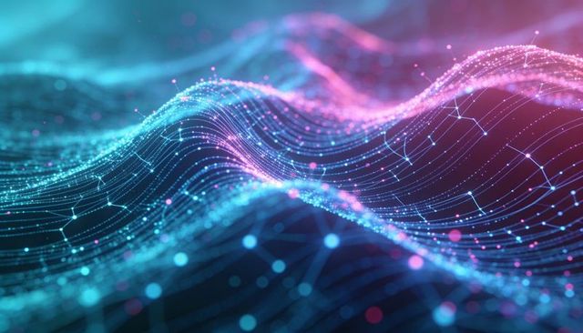 Neon wave mesh visualizing dynamic data flow and network connectivity