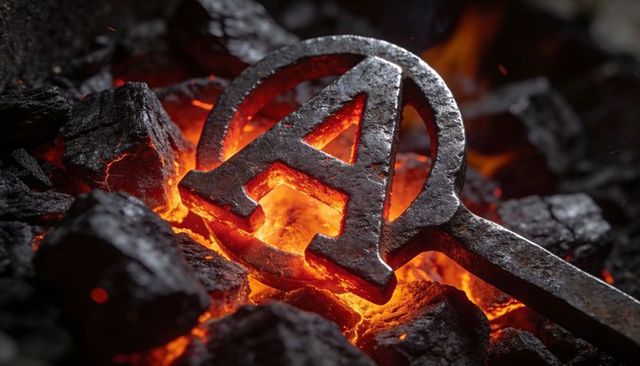 Glowing forged letter a branding iron heating on coal bed with ember glow and charcoal