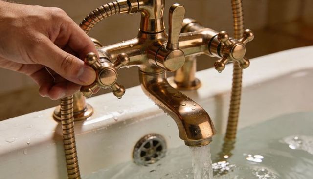 Hand turning vintage brass bathtub faucet with running water and droplets, close-up