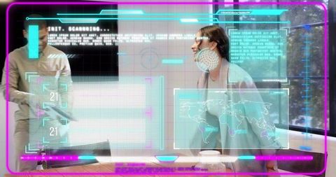 Colleagues collaborating around augmented reality hud with laptop holograms and analytics
