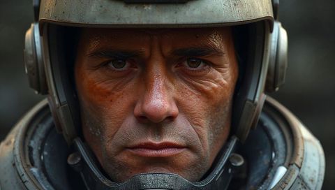 Holding Steady Gaze Midlife Pilot Wearing Scuffed Helmet and Armored Collar Closeup