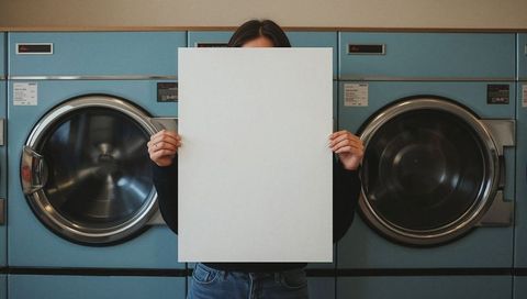 Woman holding blank poster in urban laundromat setting