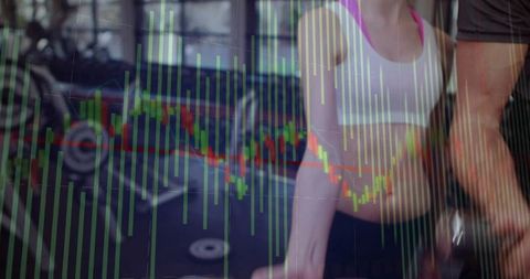 Woman Lift Barbell Gym Exercise with Financial Chart Overlay