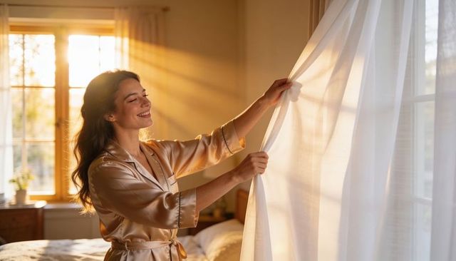 Smiling woman in satin robe opening sheer curtains to warm golden morning sunlight