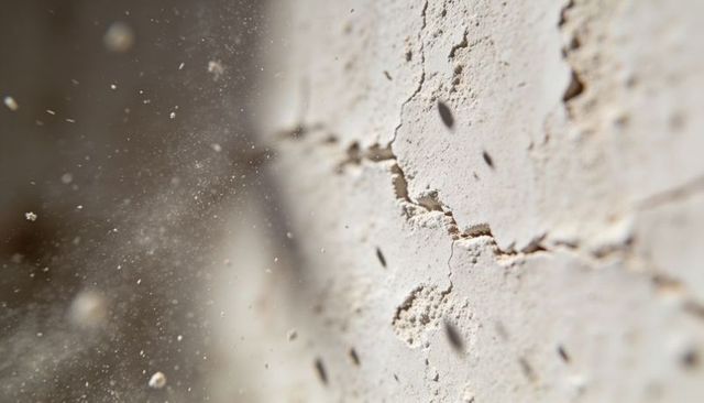 Crumbling plaster wall with wide crack and floating dust particles closeup texture