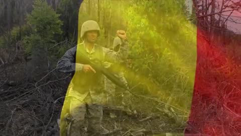 Soldiers Patrolling Charred Forest with Belgian Flag Overlay