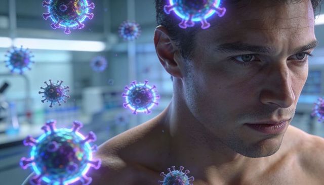Bare-chested man examining glowing virus models with holographic displays in laboratory