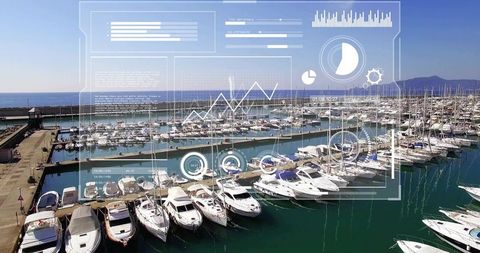 Aerial marina showing luxury yachts and sailboats with hud overlay and data charts