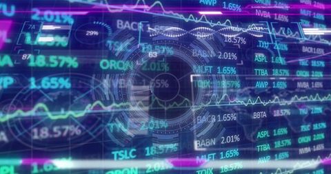 Vibrant digital financial data interface with graphs and numbers