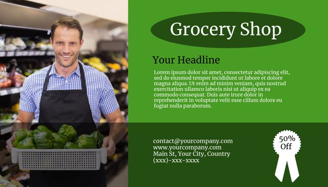 Cheerful Grocery Store Worker Promotes Fresh Produce Sales - Download Free Stock Templates Pikwizard.com