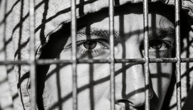 Hooded man peering through rusted metal grid casting lattice shadows, monochrome gaze