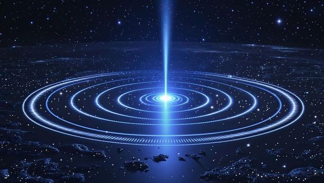 Glowing blue light beam with rings in space fantasy sci-fi illustration