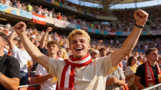 Blond supporter cheering with red white scarf in packed stadium crowd celebrating goal