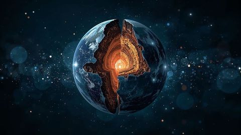 Imaginative Cross-Section Earth Showing Molten Core and Cosmos
