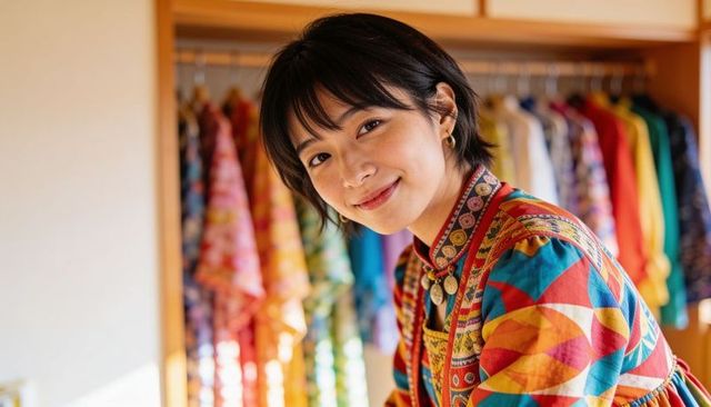 Smiling asian woman leaning in boutique wearing colorful geometric jacket, necklaces, bangs