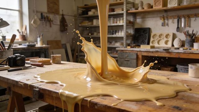 Pouring glossy epoxy resin splash of beige over wooden workbench in artisan workshop