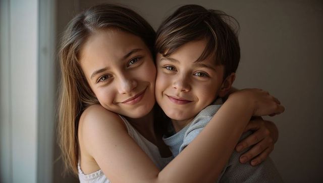 Sibling hug close-up smiling sister and brother embracing by window warm natural light
