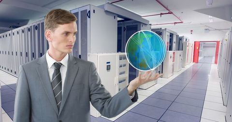 Businessman empowering global communication in data center