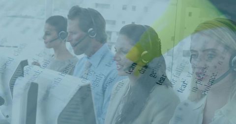 Customer service team wearing headsets collaborating, answering calls, digital text overlay