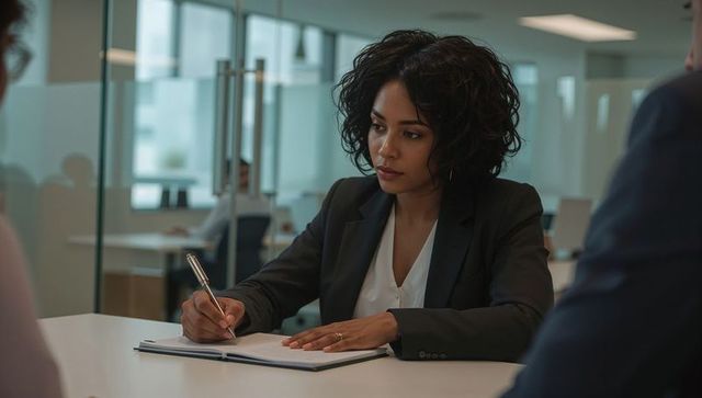 Focused businesswoman taking notes during corporate meeting at sleek glass office desk