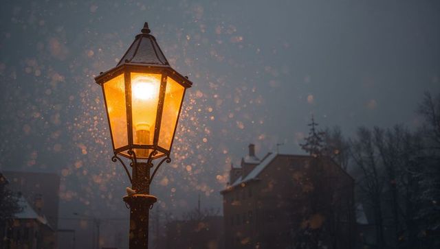 Vintage street lamp casting amber glow on snowy evening with bokeh lights and rooftops