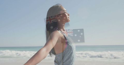 Woman Embracing Beach Vibes with Flag Overlay: Sunlit Bliss and Freedom