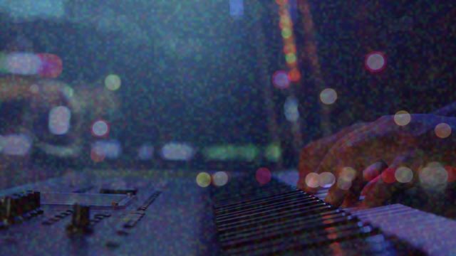 Creative image blending piano playing with city lights for artistic, musical, or entertainment-themed projects. Ideal for posters, album covers, or promotions emphasizing music in an urban environment, nightlife, or artistic expression.