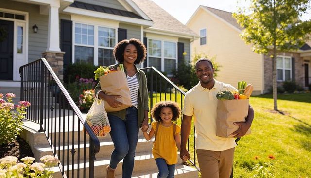 Smiling family carrying groceries walking down front steps of sunny suburban home