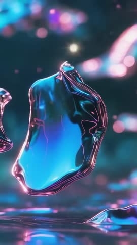 Iridescent liquid-metal sculpture rotating with neon particles and holographic bokeh vertical video 