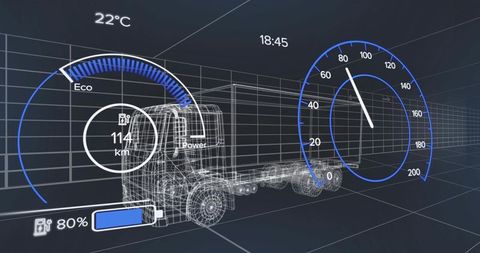 Futuristic truck with digital gauges and wireframe design