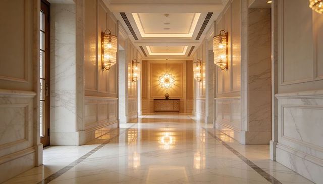 Luxurious marble corridor with crystal chandeliers reflecting on polished hotel lobby floor