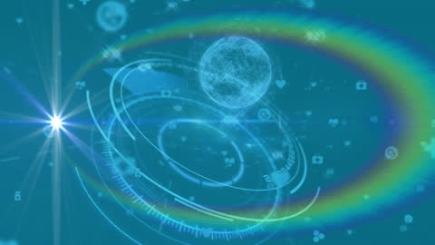 Abstract Digital Icons with Rainbow Lens Flare and Global Network