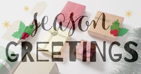 Season's Greetings Overlay on Christmas Gifts and Decorations - Download Free Stock Images Pikwizard.com