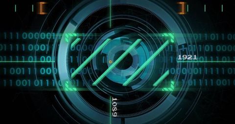 Futuristic hud reticle and targeting interface with binary streams and neon cyberpunk overlay