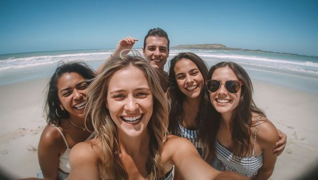 Smiling Friends Taking Group Selfie on Sunny Beach Day