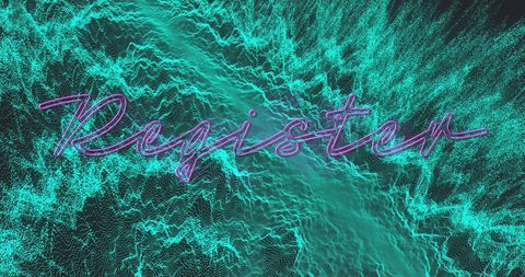 Neon register text over digital waves background