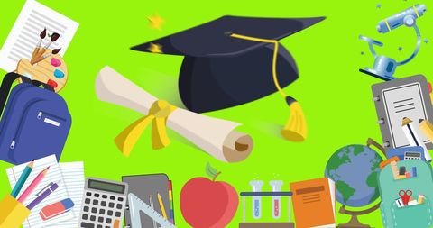 Education theme with graduation cap and school supplies on green background