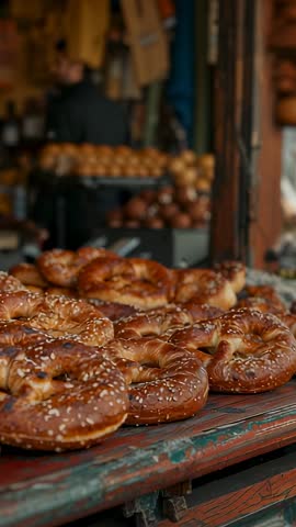 Vertical video panning over sesame pretzels on rustic bakery stall, vendors arranging display