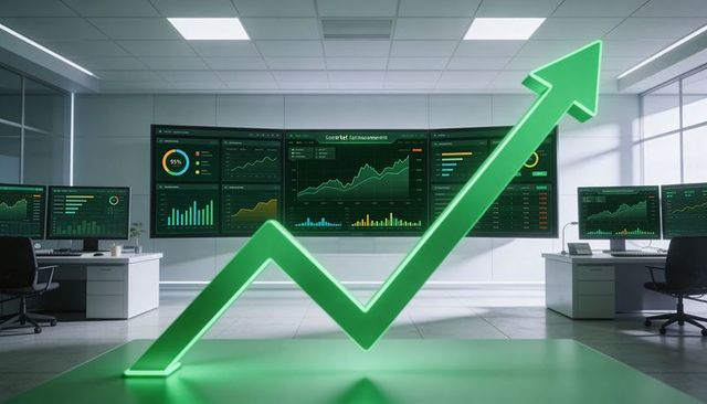 Neon green up arrow dominating trading room with multiple financial dashboards and growth charts