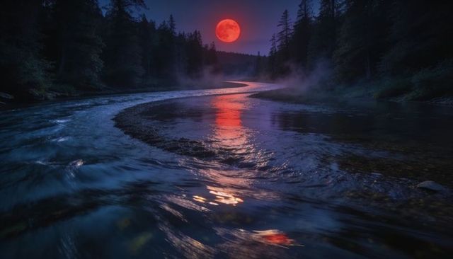 Winding river reflecting blood-red full moon through misty conifer forest at midnight