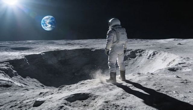 Astronaut standing on lunar crater rim gazing at Earth with sun flare epic cinematic view
