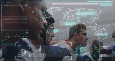 digital interface overlay on rugby team in locker room - Download Free Stock Images Pikwizard.com