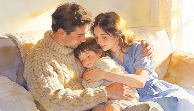 Parents embracing sleeping child on sunlit sofa, cozy watercolor family moment