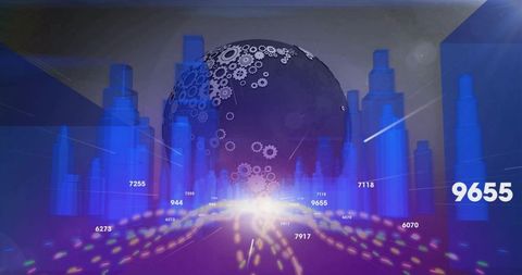 Rotating Tech Globe with Gear Motifs Emitting Neon Data Streams and Holographic Bars 9655