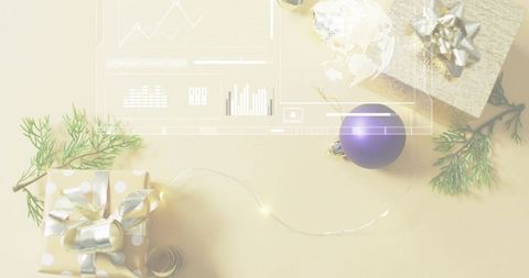 Creating minimalist holiday flatlay with gold polka-dot gift, silver ribbon, purple bauble