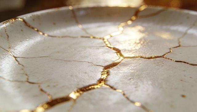 Kintsugi gold repair on cracked ceramic plate close-up with gleaming gilded seams