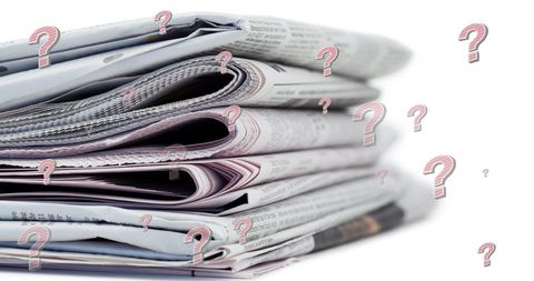 Pile of Newspapers with Floating Question Marks Conceptual Image
