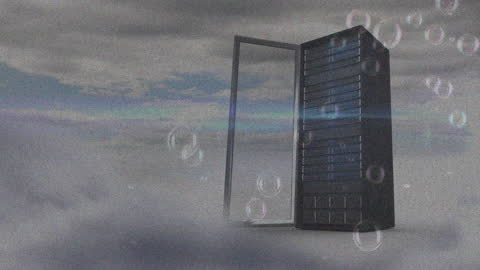 Futuristic Server in Cloudscape with Floating Bubbles
